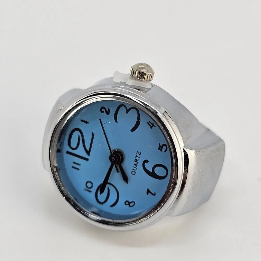 Blue‎ Dial Ring Watch Women Analog Quartz Watch Stretch Band Finger Watch